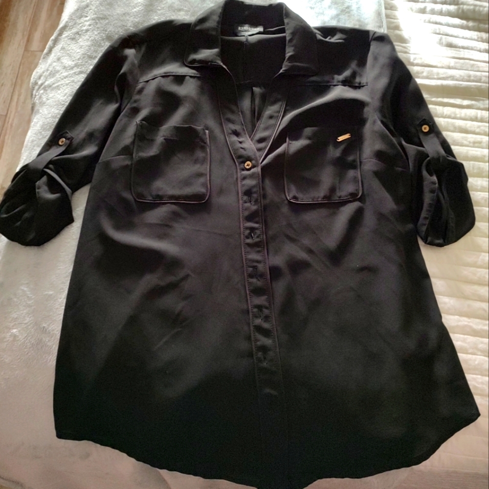Black lightweight button down blouse with gold hardware.